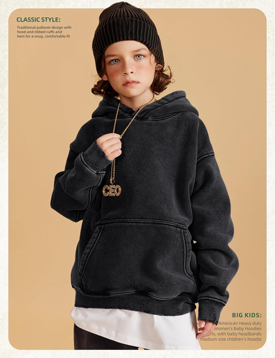 Arssm Boys Girls Fleece Lined Hoodie Kids Warm Winter Cotton Acid Washed Vintage Pullover Hooded Sweatshirt(Black)