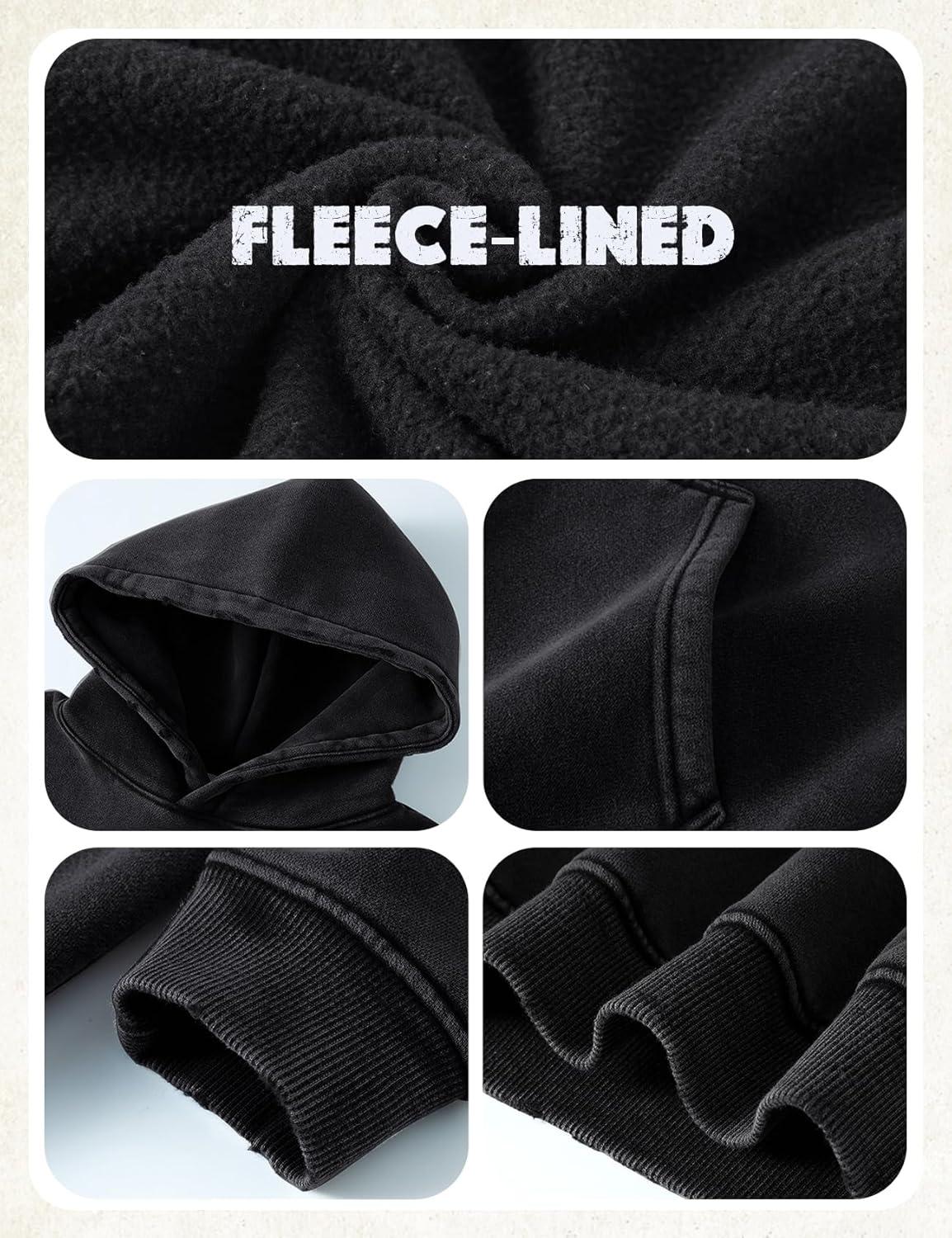 Arssm Boys Girls Fleece Lined Hoodie Kids Warm Winter Cotton Acid Washed Vintage Pullover Hooded Sweatshirt(Black)