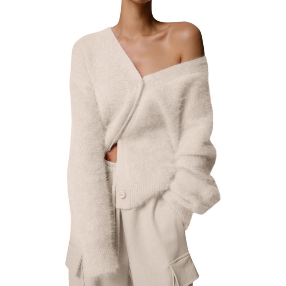 Arssm Womens Fuzzy Cardigan Sweater V Neck Cardigans Button Down Fluffy Knit Top Fashion 2026 Knitwear(Beige)