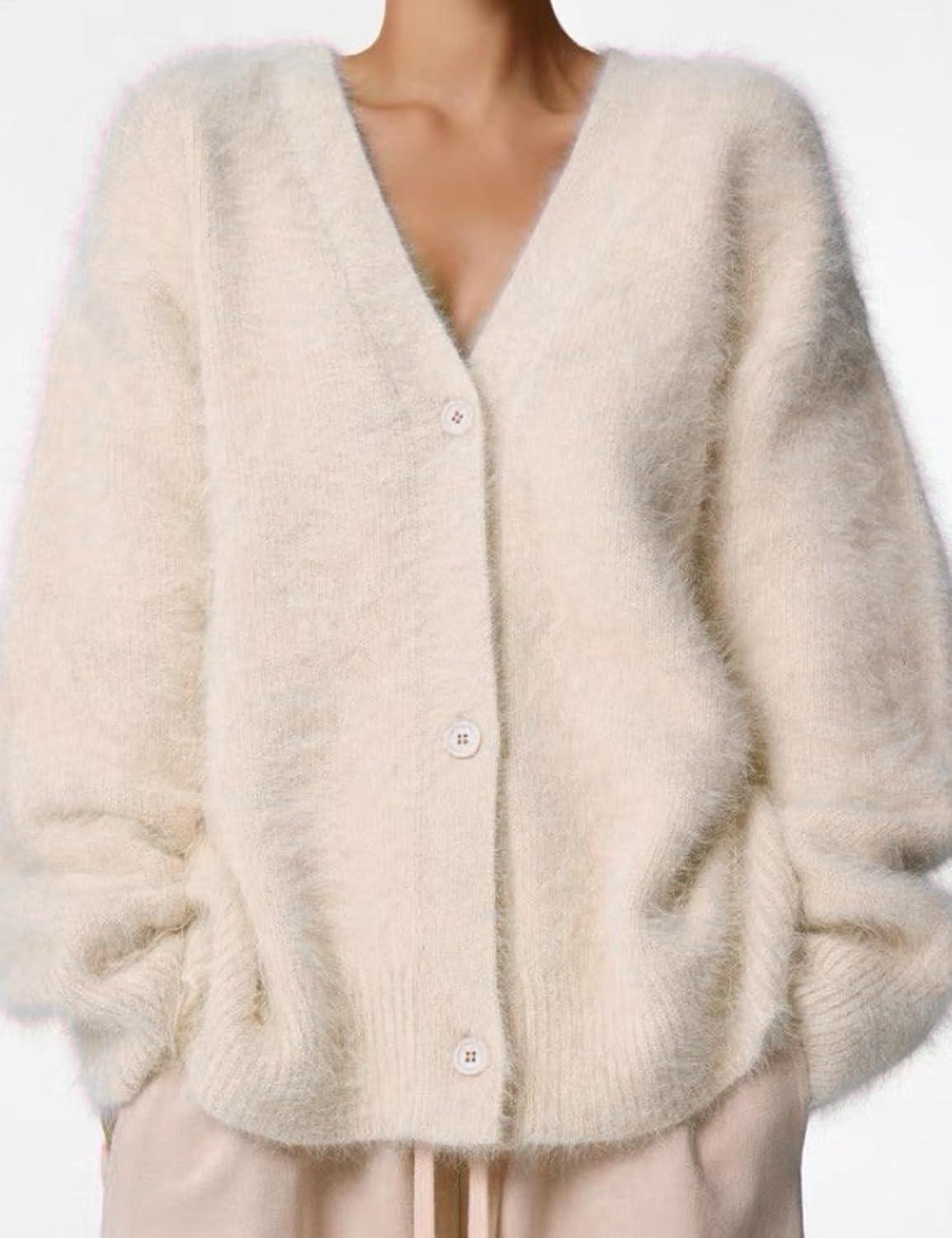 Arssm Womens Fuzzy Cardigan Sweater V Neck Cardigans Button Down Fluffy Knit Top Fashion 2026 Knitwear(Beige)