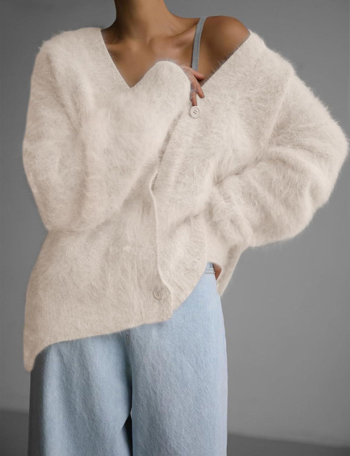 Arssm Womens Fuzzy Cardigan Sweater V Neck Cardigans Button Down Fluffy Knit Top Fashion 2026 Knitwear(Beige)