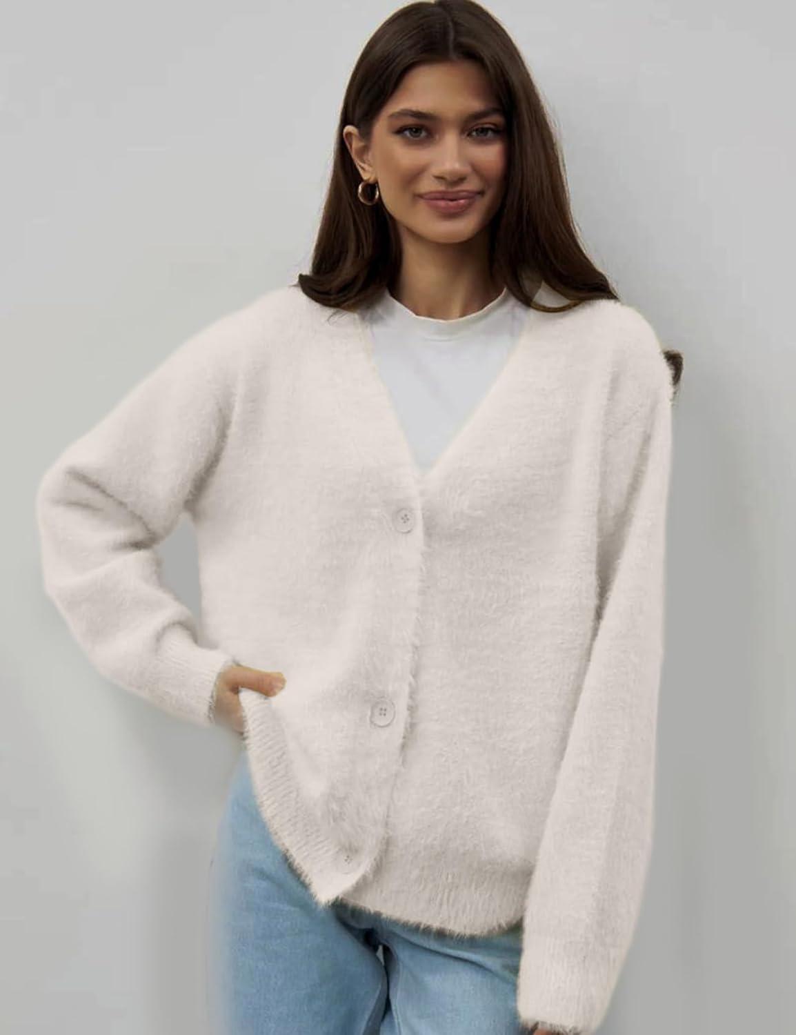 Arssm Womens Fuzzy Cardigan Sweater V Neck Cardigans Button Down Fluffy Knit Top Fashion 2026 Knitwear(Beige)