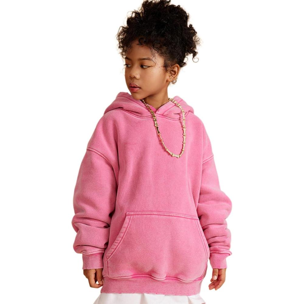Arssm Boys Girls Fleece Lined Hoodie Kids Warm Winter Cotton Acid Washed Vintage Pullover Hooded Sweatshirt(Pink)