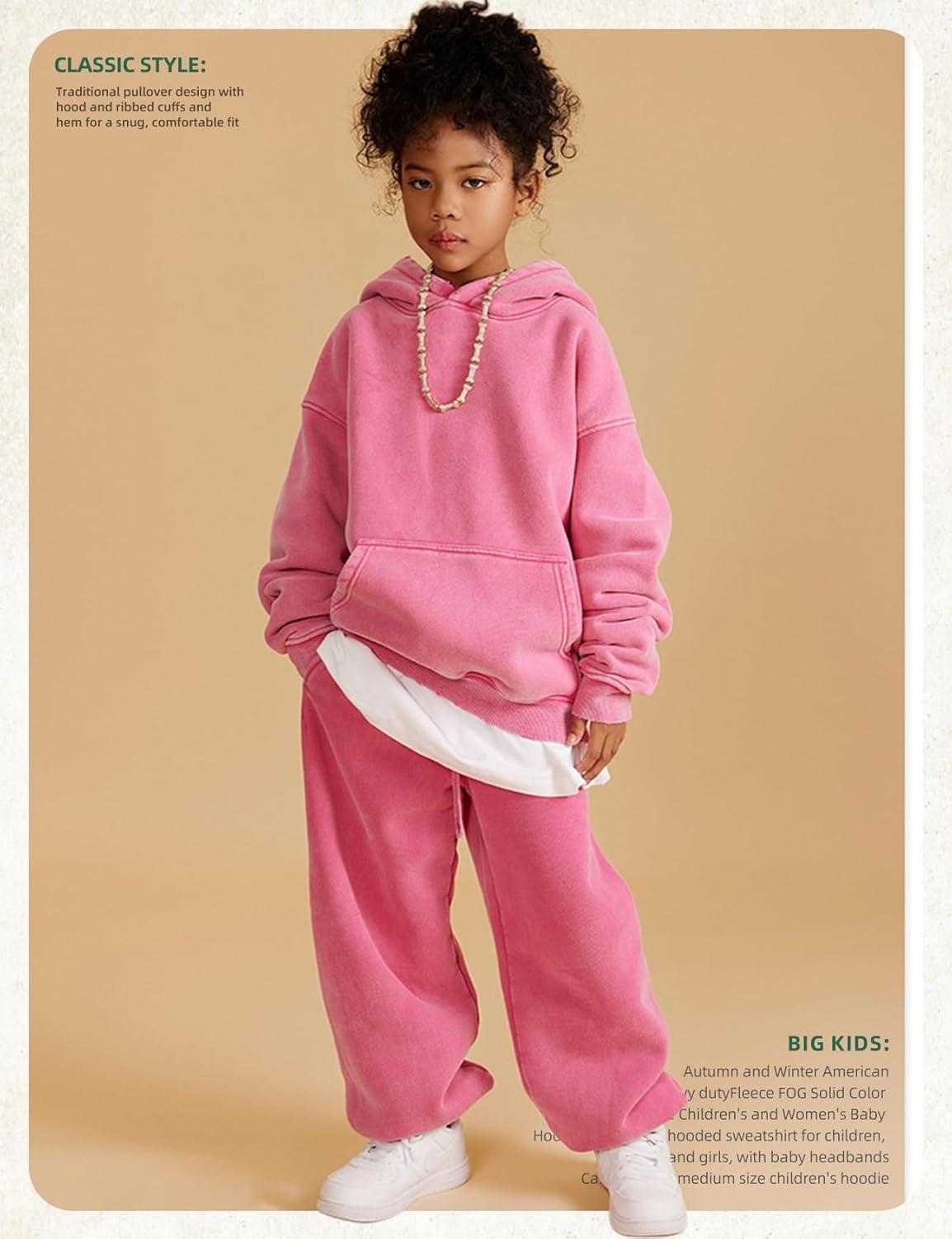 Arssm Boys Girls Fleece Lined Hoodie Kids Warm Winter Cotton Acid Washed Vintage Pullover Hooded Sweatshirt(Pink)