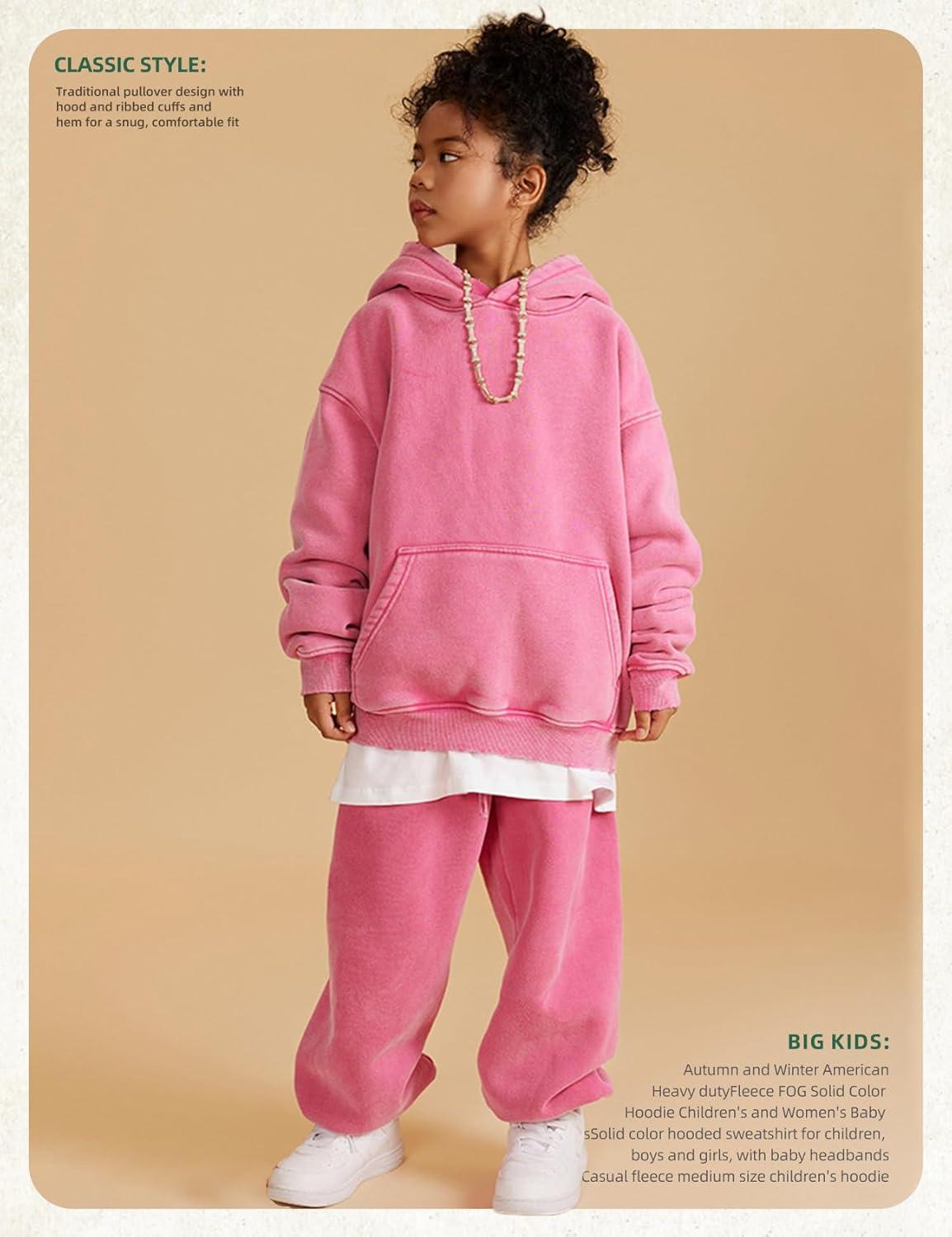 Arssm Boys Girls Fleece Lined Hoodie Kids Warm Winter Cotton Acid Washed Vintage Pullover Hooded Sweatshirt(Pink)