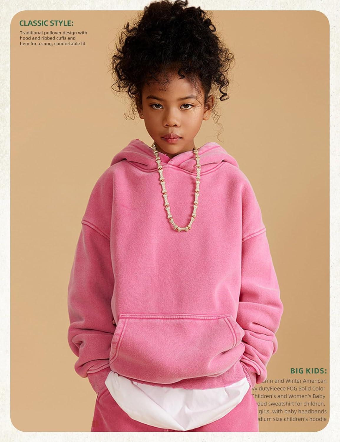 Arssm Boys Girls Fleece Lined Hoodie Kids Warm Winter Cotton Acid Washed Vintage Pullover Hooded Sweatshirt(Pink)