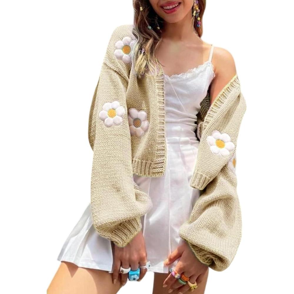 Arssm Y2K Womens Flower Cardigan Sweater Long Sleeve Knit Cropped Cardigan Open Front Cute Shrug Fall Sweater 90s Outfits(Apricot)