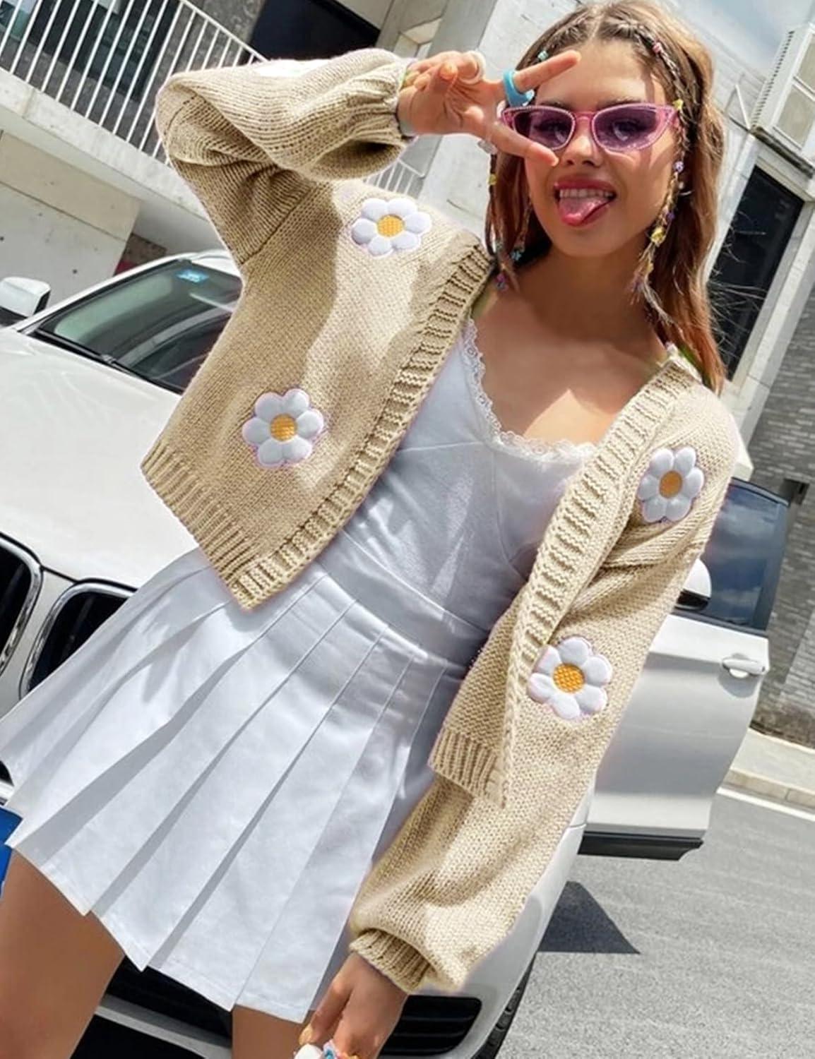 Arssm Y2K Womens Flower Cardigan Sweater Long Sleeve Knit Cropped Cardigan Open Front Cute Shrug Fall Sweater 90s Outfits(Apricot)
