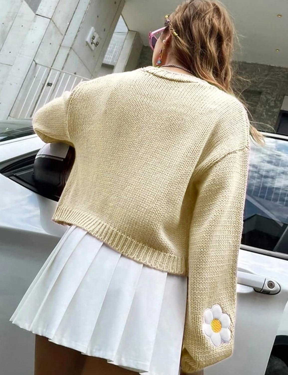 Arssm Y2K Womens Flower Cardigan Sweater Long Sleeve Knit Cropped Cardigan Open Front Cute Shrug Fall Sweater 90s Outfits(Apricot)