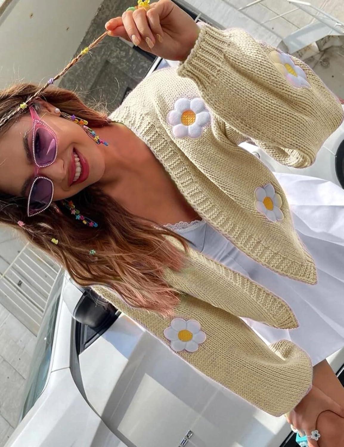 Arssm Y2K Womens Flower Cardigan Sweater Long Sleeve Knit Cropped Cardigan Open Front Cute Shrug Fall Sweater 90s Outfits(Apricot)