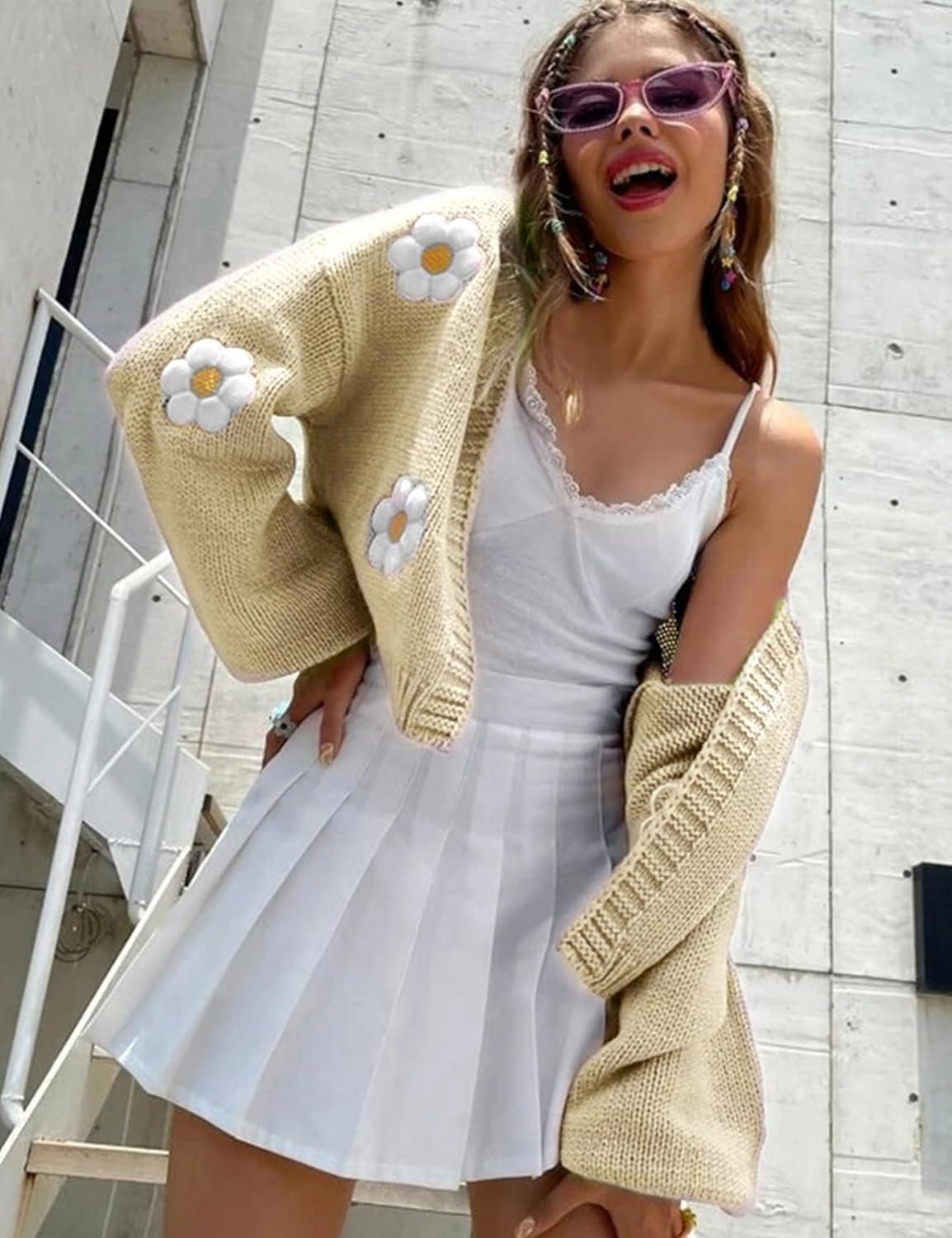 Arssm Y2K Womens Flower Cardigan Sweater Long Sleeve Knit Cropped Cardigan Open Front Cute Shrug Fall Sweater 90s Outfits(Apricot)
