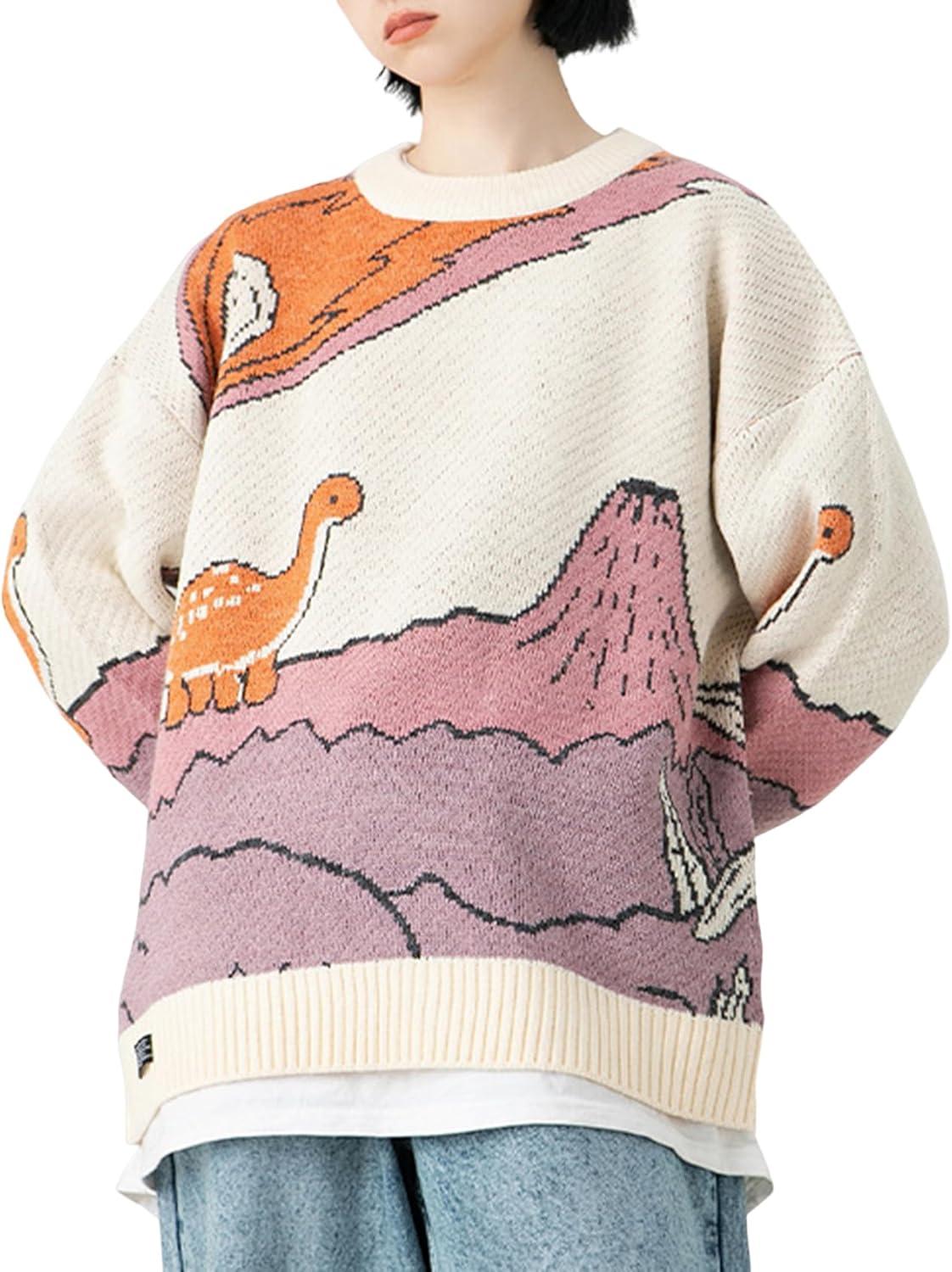 Arssm Mens Oversized Dinosaur Knit Pullover Sweater Fashion Cartoon Unisex Sweater Long Sleeve Crewneck Vintage Tops(Beige)