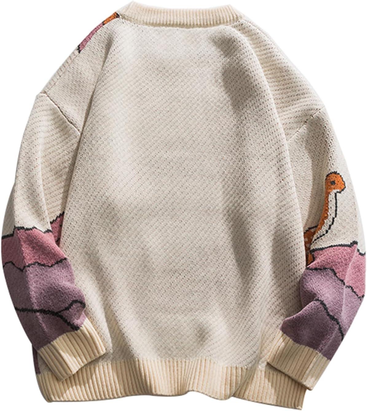 Arssm Mens Oversized Dinosaur Knit Pullover Sweater Fashion Cartoon Unisex Sweater Long Sleeve Crewneck Vintage Tops(Beige)