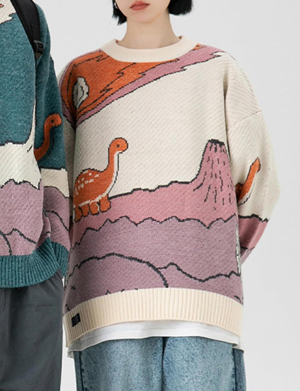Arssm Mens Oversized Dinosaur Knit Pullover Sweater Fashion Cartoon Unisex Sweater Long Sleeve Crewneck Vintage Tops(Beige)