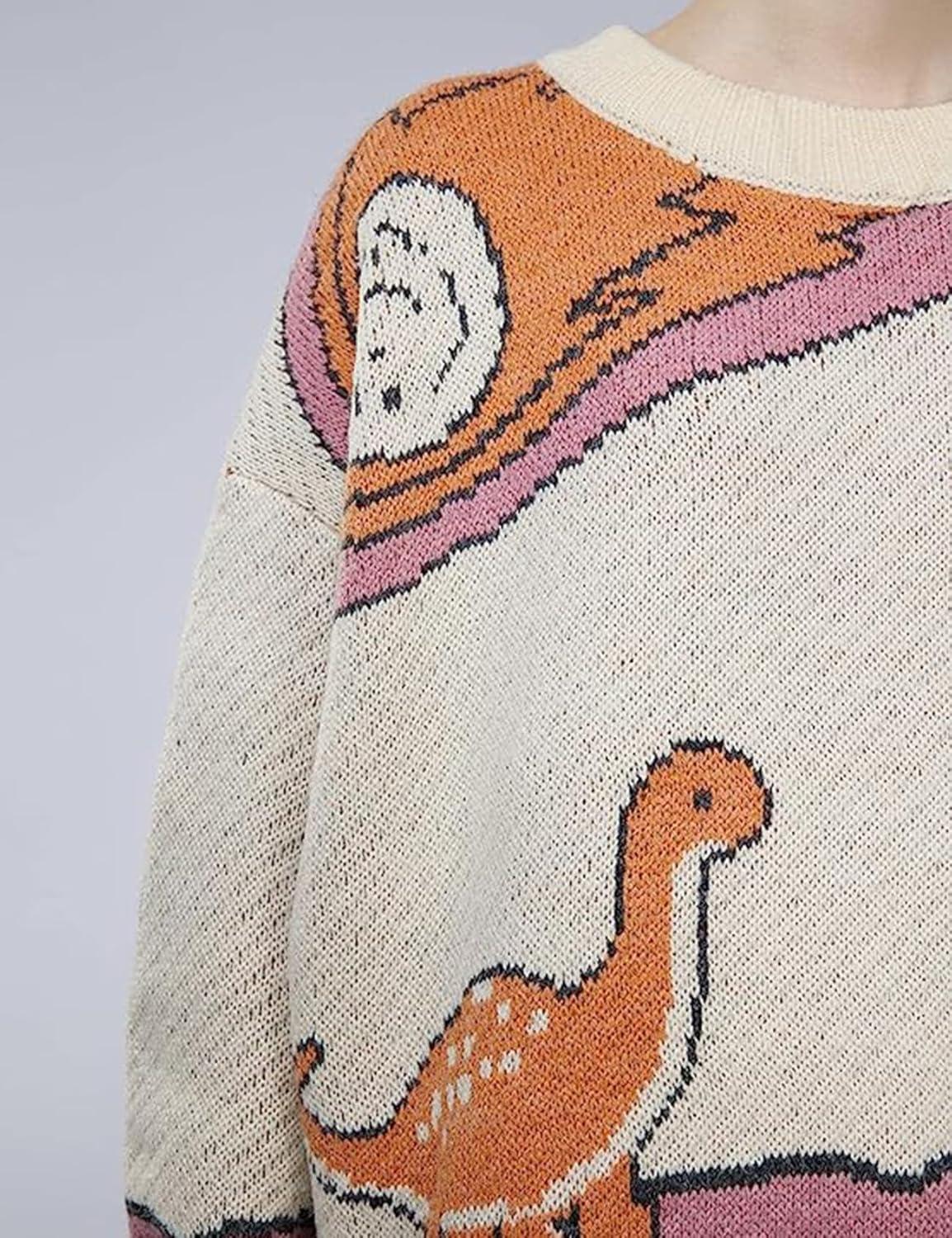 Arssm Mens Oversized Dinosaur Knit Pullover Sweater Fashion Cartoon Unisex Sweater Long Sleeve Crewneck Vintage Tops(Beige)