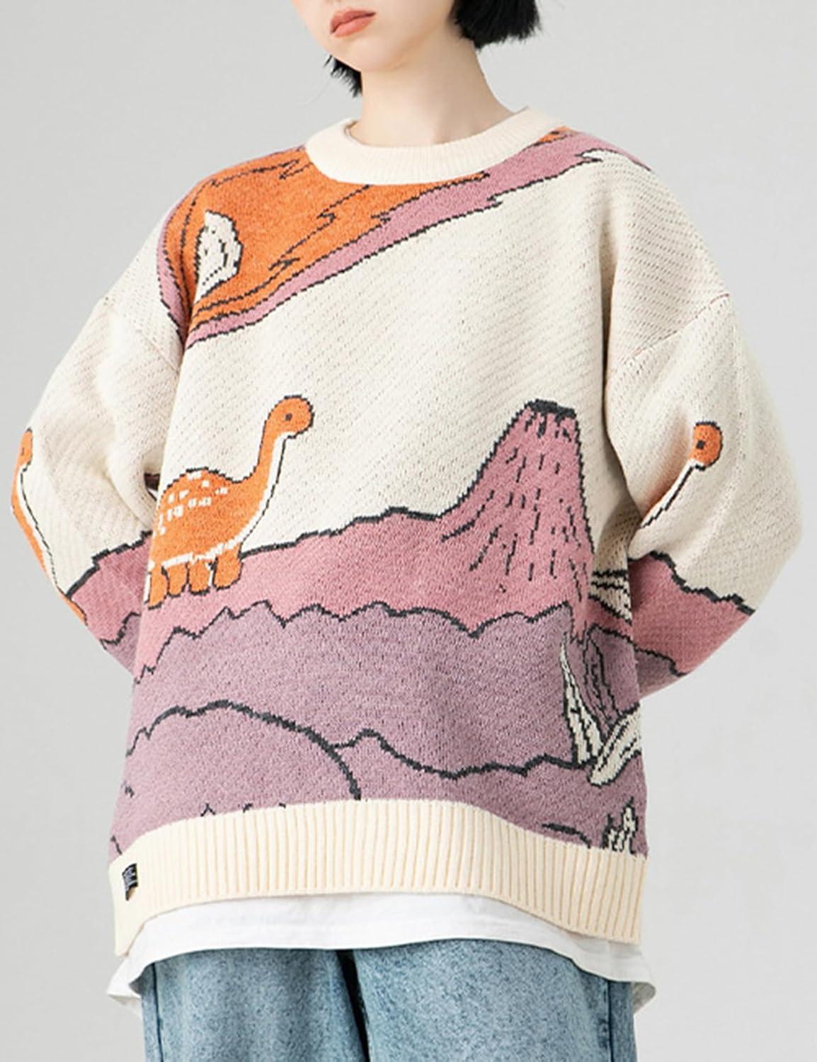Arssm Mens Oversized Dinosaur Knit Pullover Sweater Fashion Cartoon Unisex Sweater Long Sleeve Crewneck Vintage Tops(Beige)