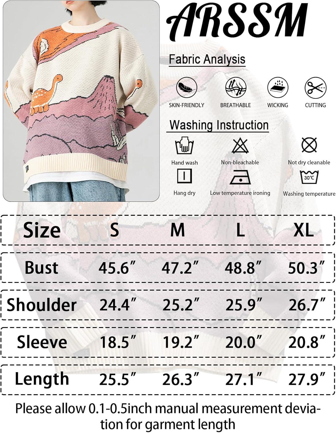Arssm Mens Oversized Dinosaur Knit Pullover Sweater Fashion Cartoon Unisex Sweater Long Sleeve Crewneck Vintage Tops(Beige)