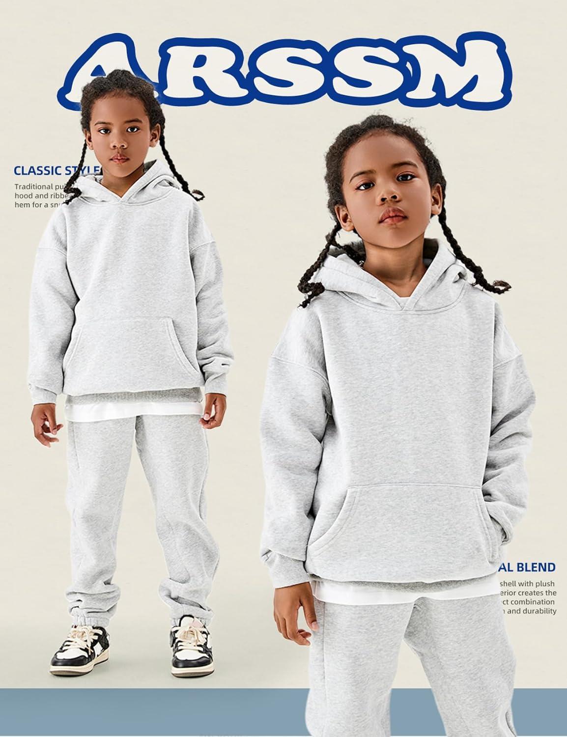 Arssm Girls Boys Sweatsuits Fleece 2 Piece Outfits Pants Set Hoodie and Sweatpant Set Kids Athletic Fleece Tracksuits(Grey)