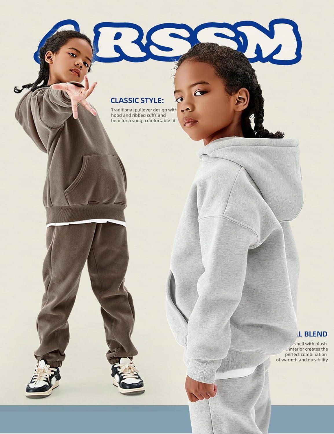 Arssm Girls Boys Sweatsuits Fleece 2 Piece Outfits Pants Set Hoodie and Sweatpant Set Kids Athletic Fleece Tracksuits(Grey)