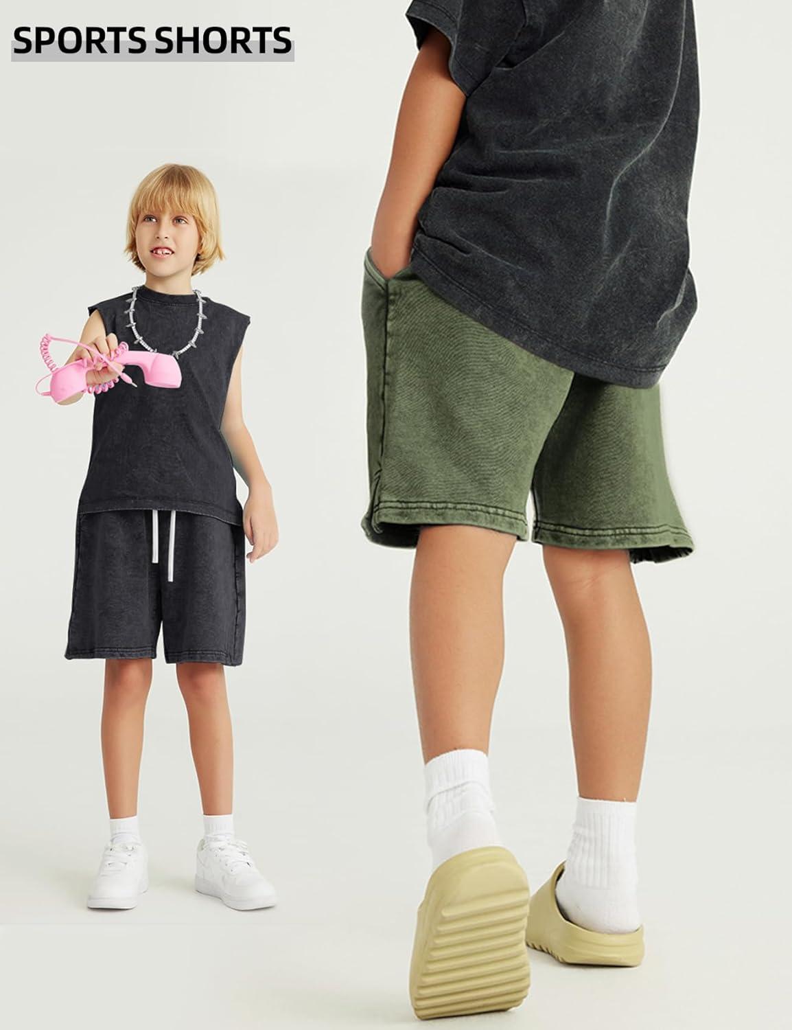 Arssm 2 Pack Boys Shorts Cotton Acid Washed Athletic Shorts Kids Summer Active Shorts with Pockets(Black+army)