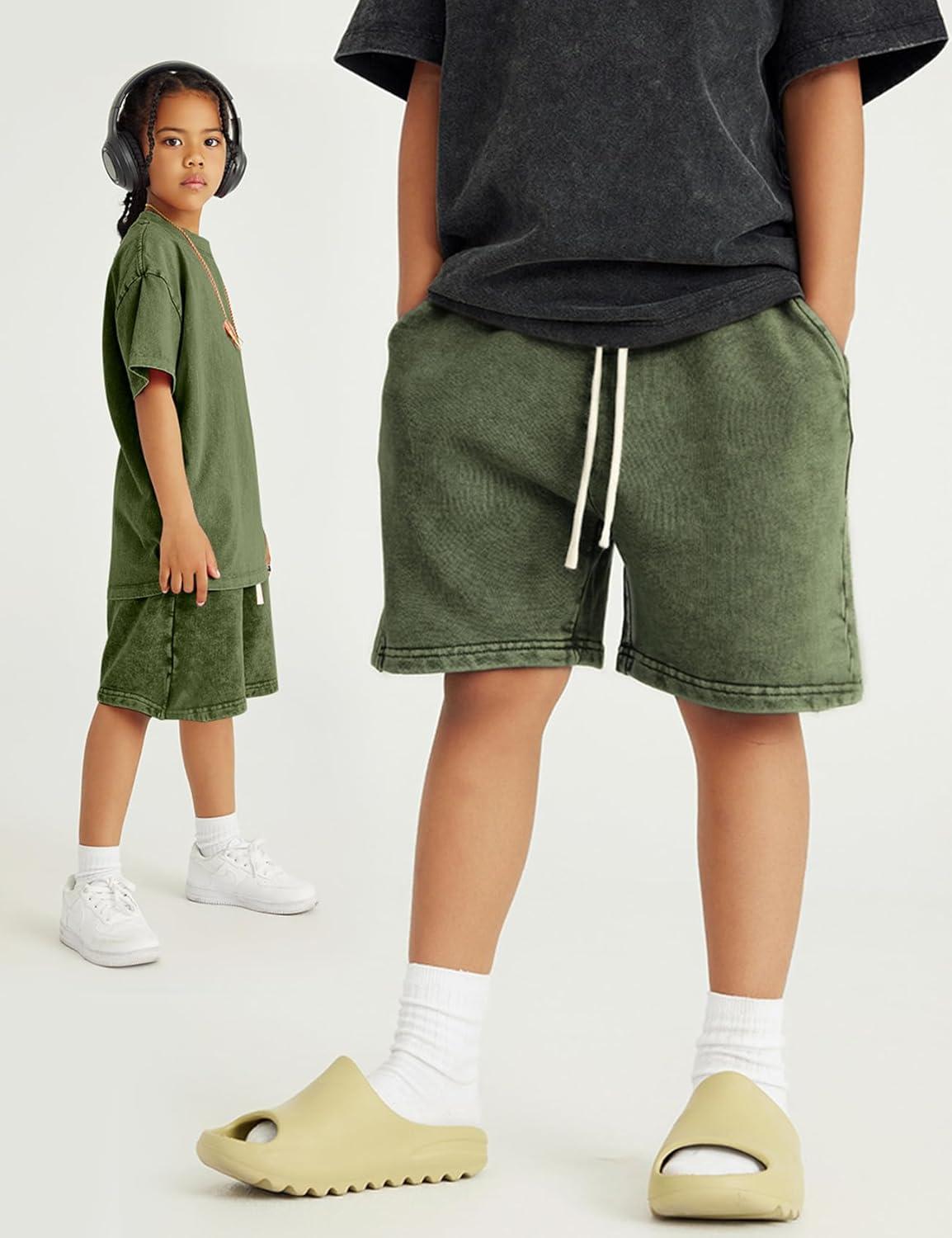 Arssm 2 Pack Boys Shorts Cotton Acid Washed Athletic Shorts Kids Summer Active Shorts with Pockets(Black+army)
