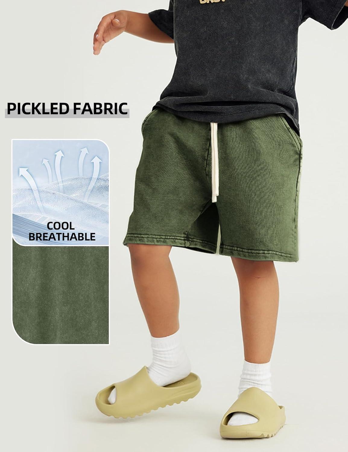Arssm 2 Pack Boys Shorts Cotton Acid Washed Athletic Shorts Kids Summer Active Shorts with Pockets(Black+army)