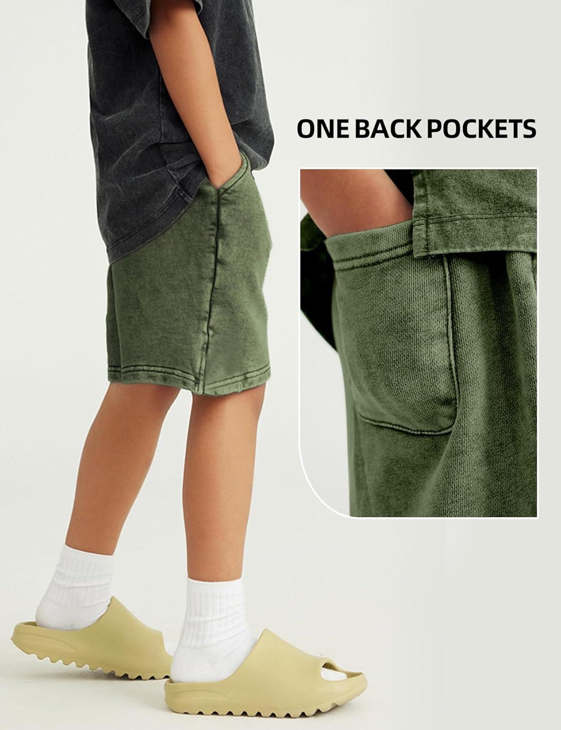 Arssm 2 Pack Boys Shorts Cotton Acid Washed Athletic Shorts Kids Summer Active Shorts with Pockets(Black+army)