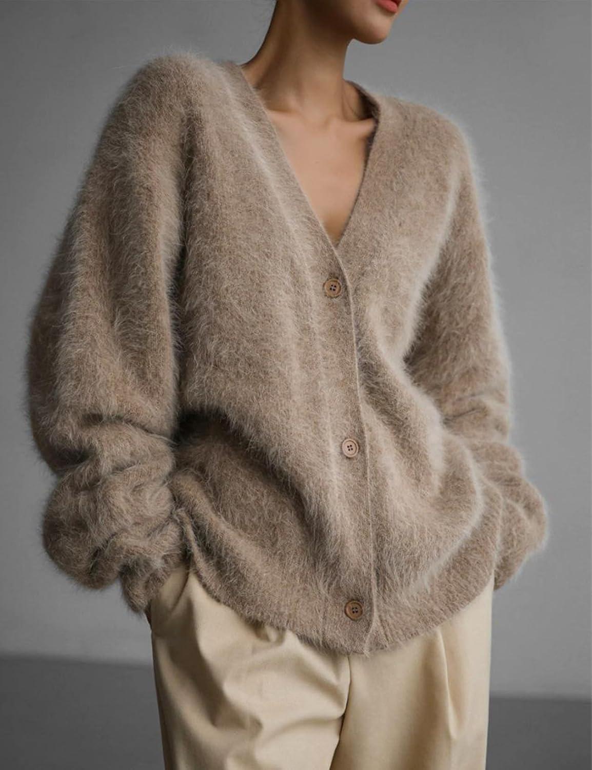 Arssm Womens Fuzzy Cardigan Sweater V Neck Cardigans Button Down Fluffy Knit Top Fashion 2026 Knitwear(Khaki)