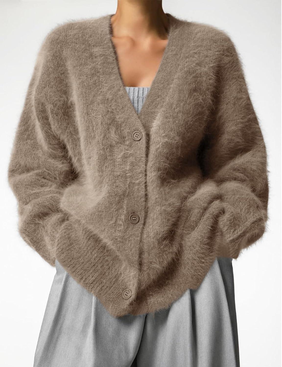 Arssm Womens Fuzzy Cardigan Sweater V Neck Cardigans Button Down Fluffy Knit Top Fashion 2026 Knitwear(Khaki)