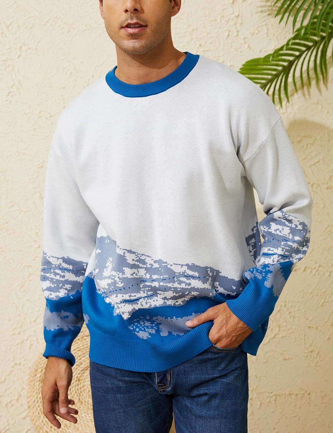 Arssm Mens Vintage Sweater Grandpa y2k Oversized Casual Cable Knit Sweater Pullover Graphic Crewneck Tops(Blue)