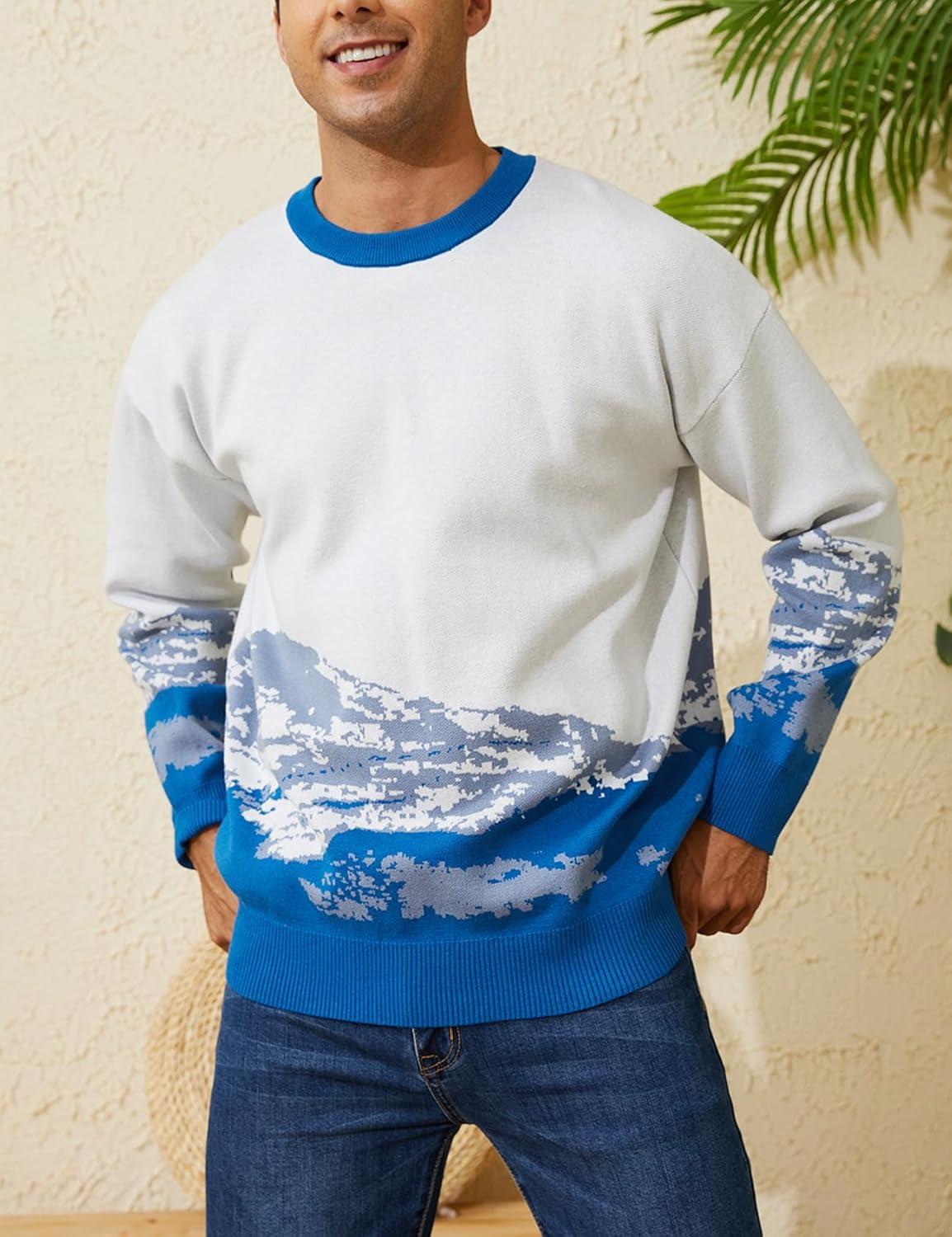 Arssm Mens Vintage Sweater Grandpa y2k Oversized Casual Cable Knit Sweater Pullover Graphic Crewneck Tops(Blue)