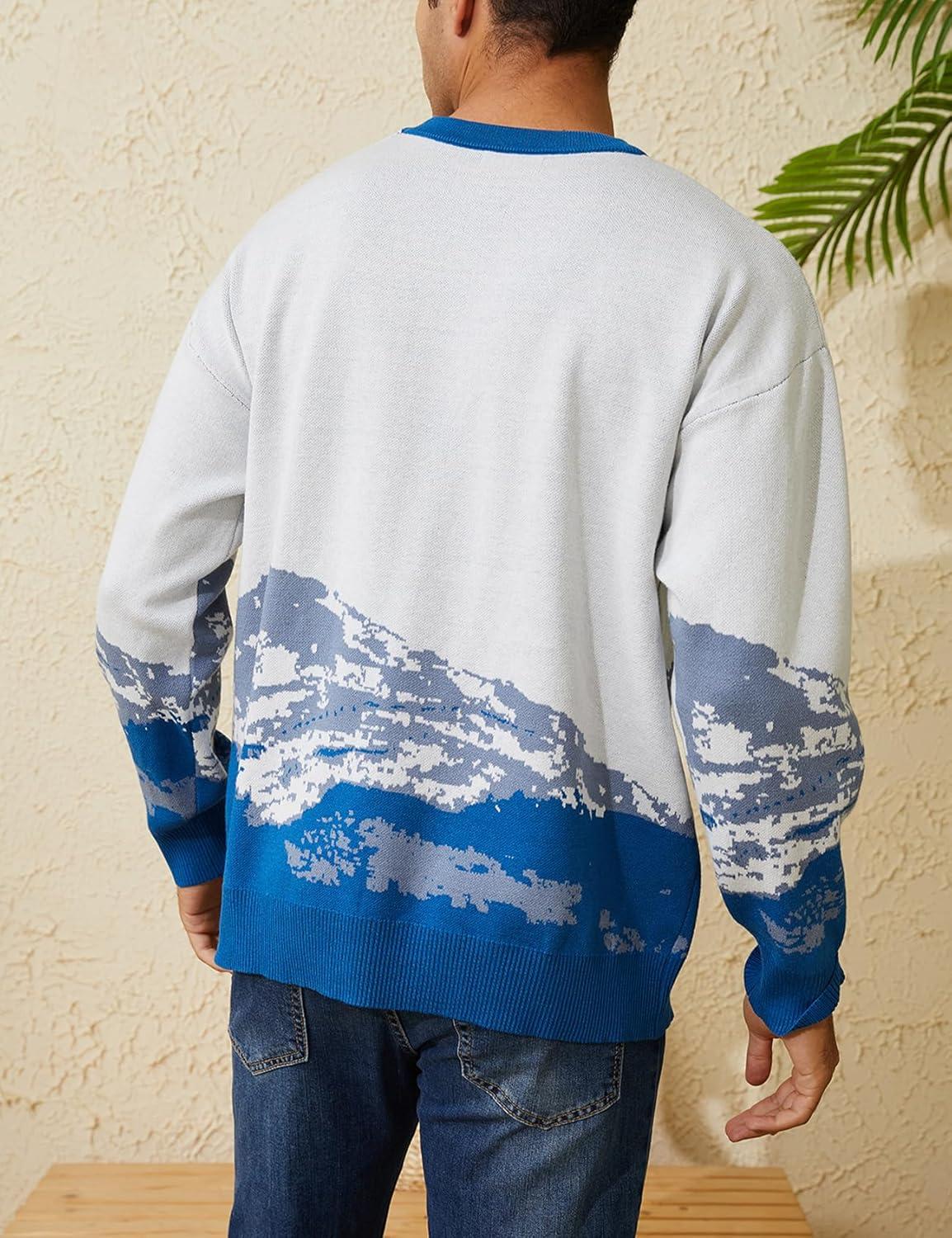 Arssm Mens Vintage Sweater Grandpa y2k Oversized Casual Cable Knit Sweater Pullover Graphic Crewneck Tops(Blue)