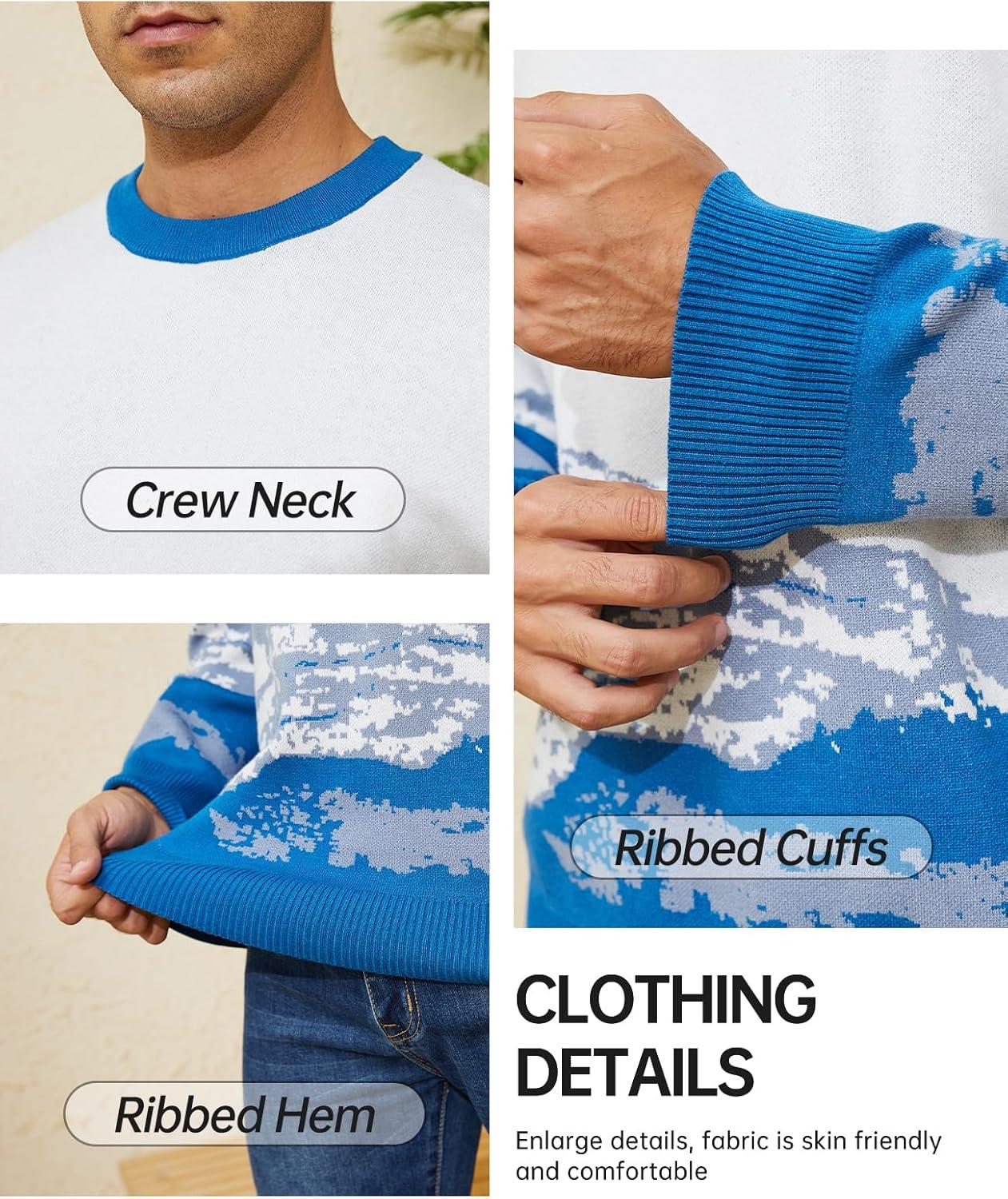 Arssm Mens Vintage Sweater Grandpa y2k Oversized Casual Cable Knit Sweater Pullover Graphic Crewneck Tops(Blue)