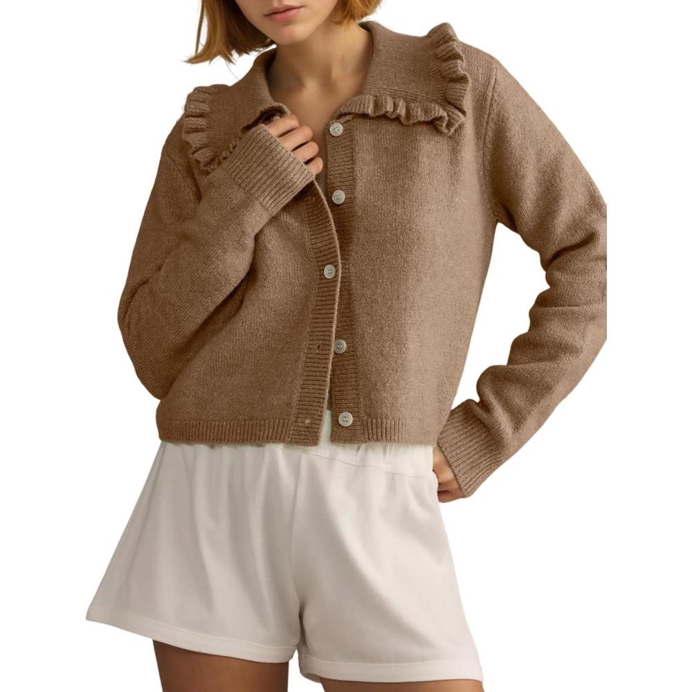 Arssm Womens Ruffle Collar Cardigan Cropped Button Down Open Front Sweaters Knitted Long Sleeve Fall 2025 Elegant Outwear(Brown)