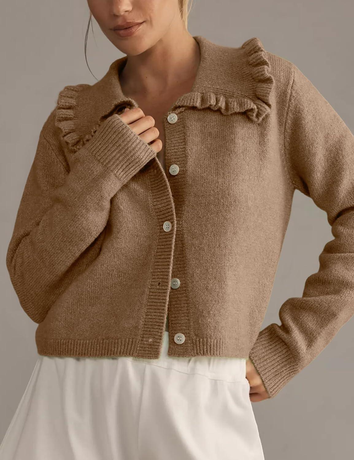 Arssm Womens Ruffle Collar Cardigan Cropped Button Down Open Front Sweaters Knitted Long Sleeve Fall 2025 Elegant Outwear(Brown)