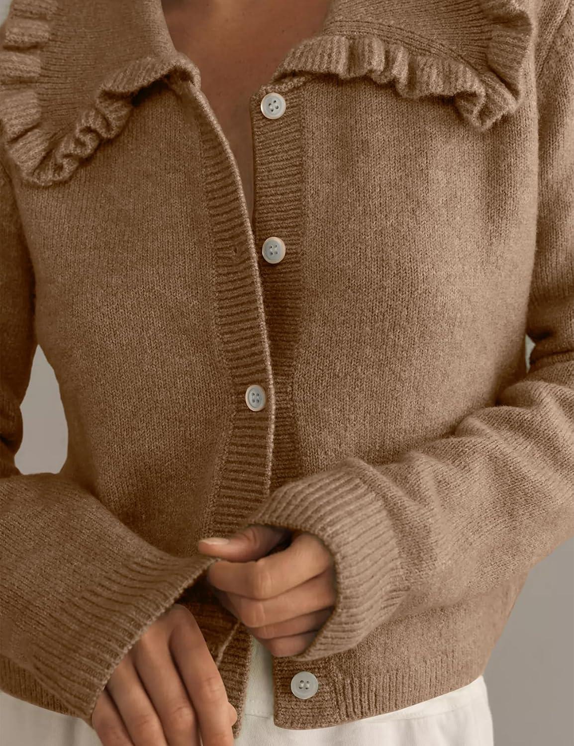 Arssm Womens Ruffle Collar Cardigan Cropped Button Down Open Front Sweaters Knitted Long Sleeve Fall 2025 Elegant Outwear(Brown)