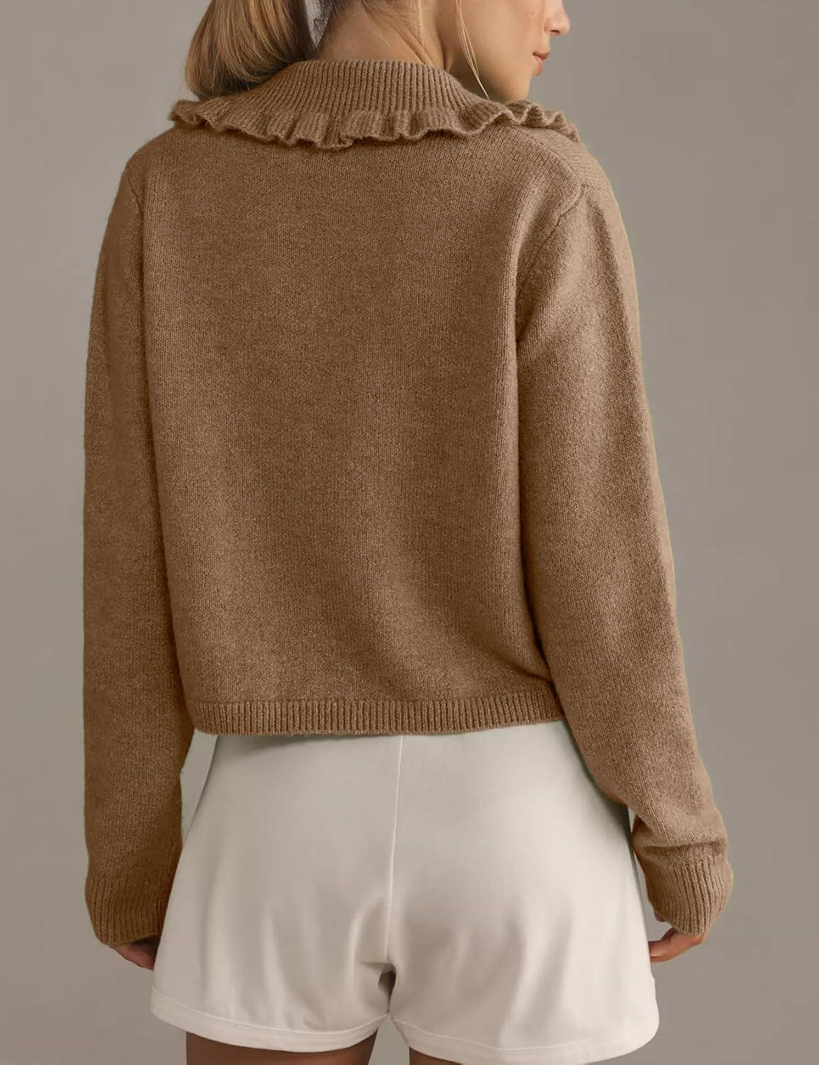 Arssm Womens Ruffle Collar Cardigan Cropped Button Down Open Front Sweaters Knitted Long Sleeve Fall 2025 Elegant Outwear(Brown)