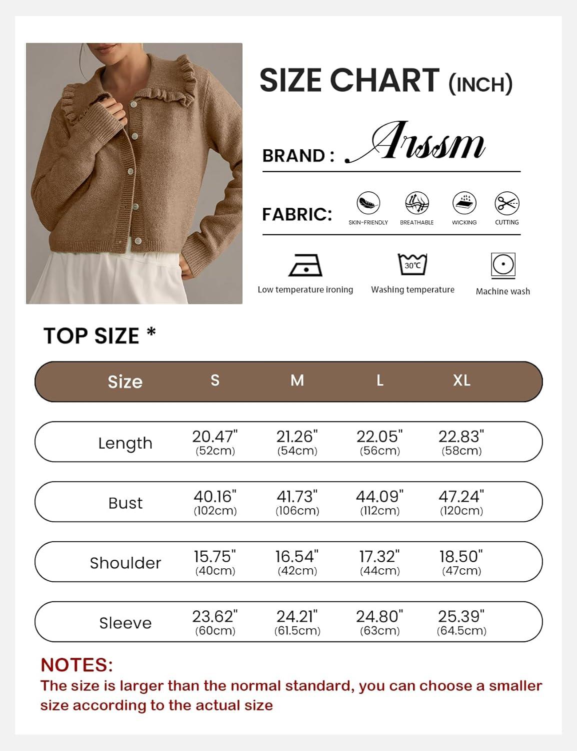 Arssm Womens Ruffle Collar Cardigan Cropped Button Down Open Front Sweaters Knitted Long Sleeve Fall 2025 Elegant Outwear(Brown)