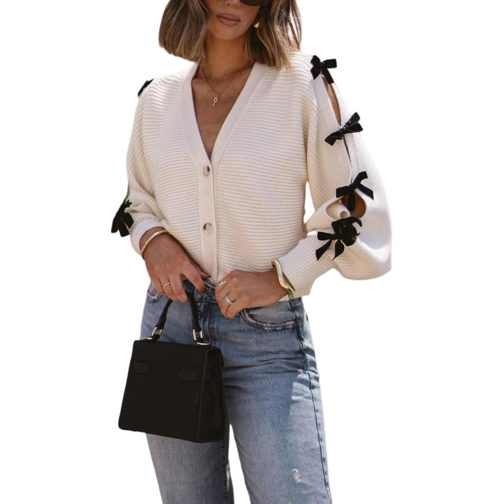 Arssm Women V Neck Long Sleeved Bow-Knotted Knitted Cardigan Button Sweet Darling Bow Embellished Cardigan(White)