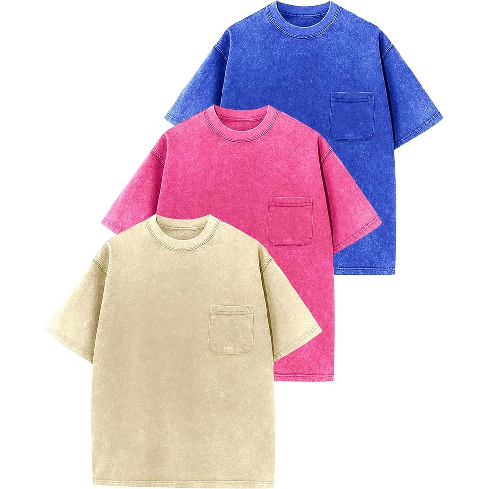 Arssm 3 Pack Boys Tshirts Kids Oversized T Shirts Cotton Acid Wash Crewneck Summer Basic Tees(Apricot+pink+blue)