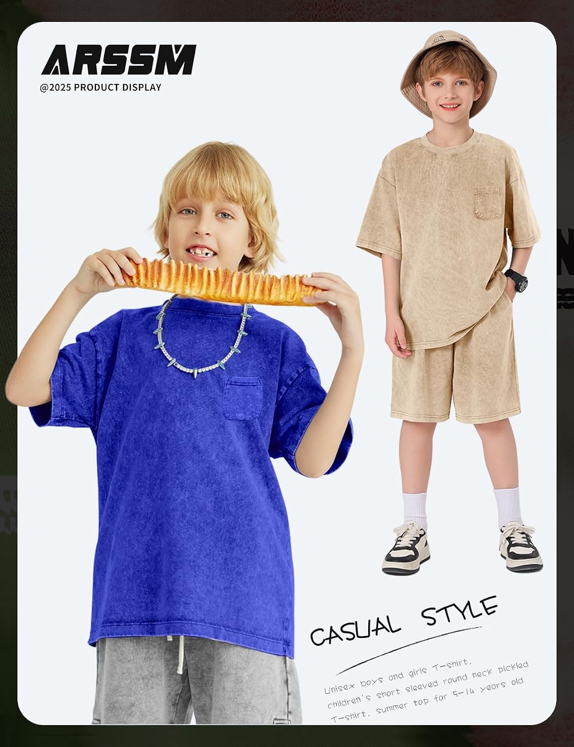 Arssm 3 Pack Boys Tshirts Kids Oversized T Shirts Cotton Acid Wash Crewneck Summer Basic Tees(Apricot+pink+blue)