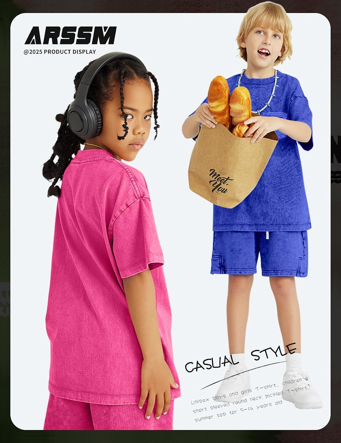 Arssm 3 Pack Boys Tshirts Kids Oversized T Shirts Cotton Acid Wash Crewneck Summer Basic Tees(Apricot+pink+blue)