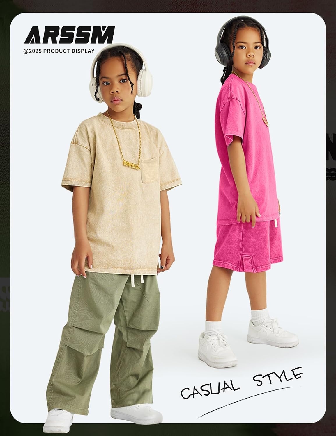 Arssm 3 Pack Boys Tshirts Kids Oversized T Shirts Cotton Acid Wash Crewneck Summer Basic Tees(Apricot+pink+blue)