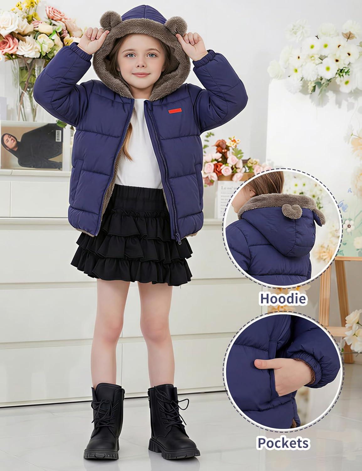 Arssm Baby Boys Girls Winter Fleece Coat Toddler Kids Warm Cute Bear Ear Hooded Jacket(Navy)