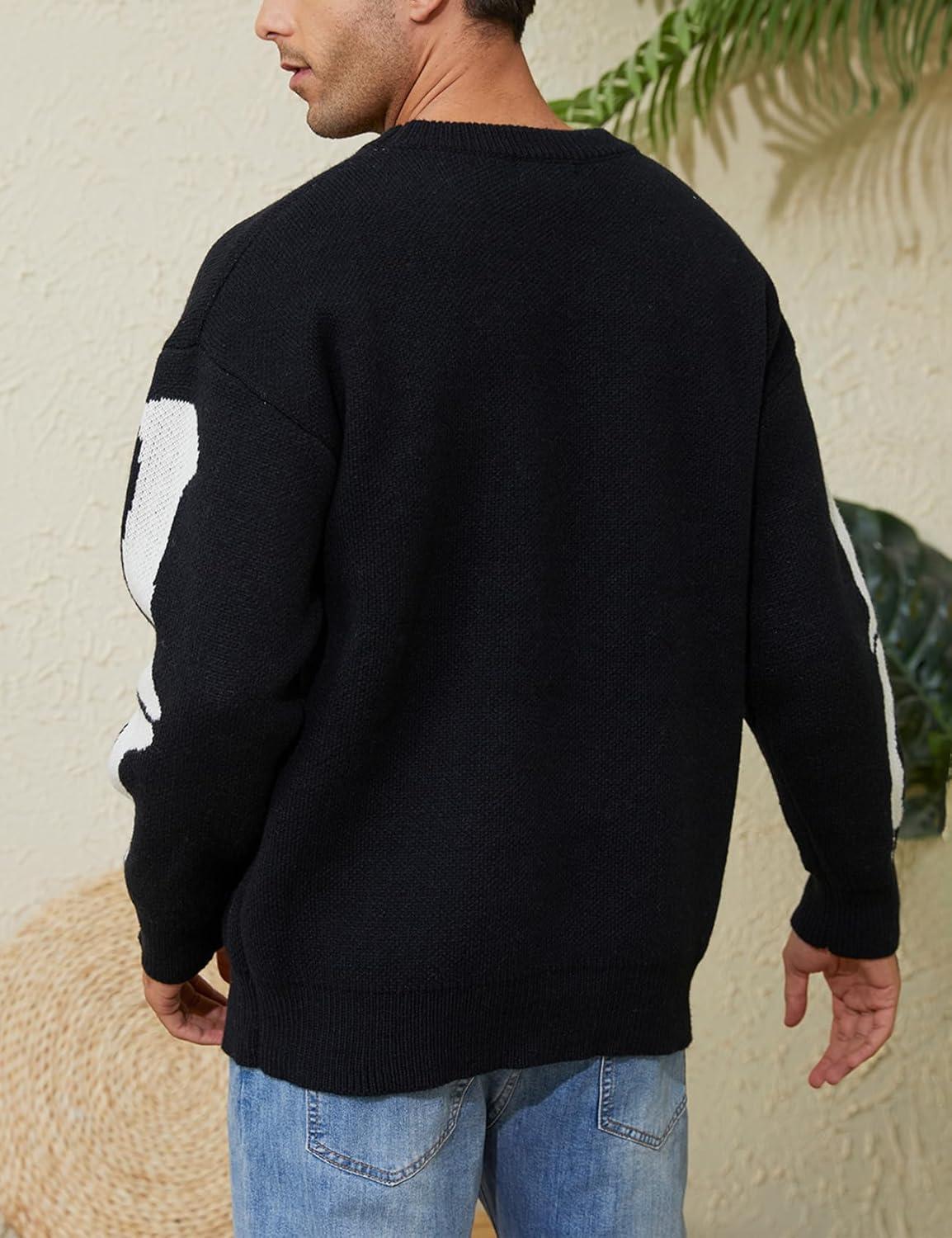 Arssm Mens Vintage Sweater Grandpa y2k Oversized Casual Cable Knit Sweater Pullover Graphic Crewneck Tops(Black)