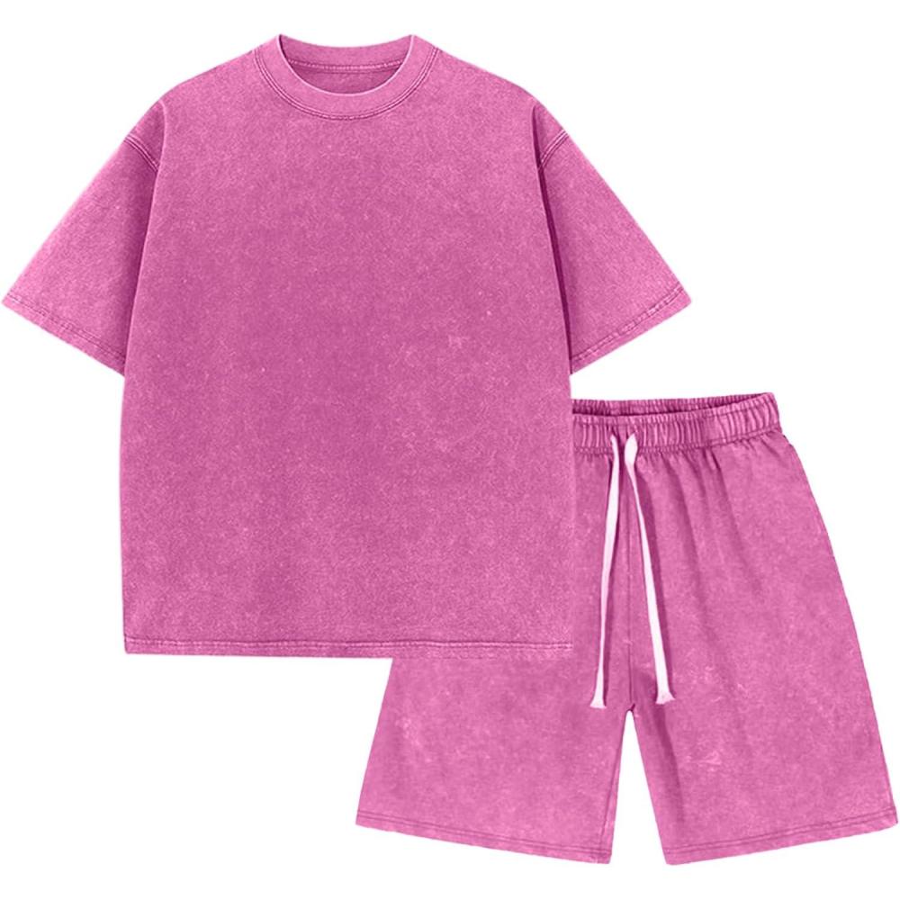 Arssm Boys Short Sets 2 Piece Acid Wash Vintage Kids Athletic Set(Pink)