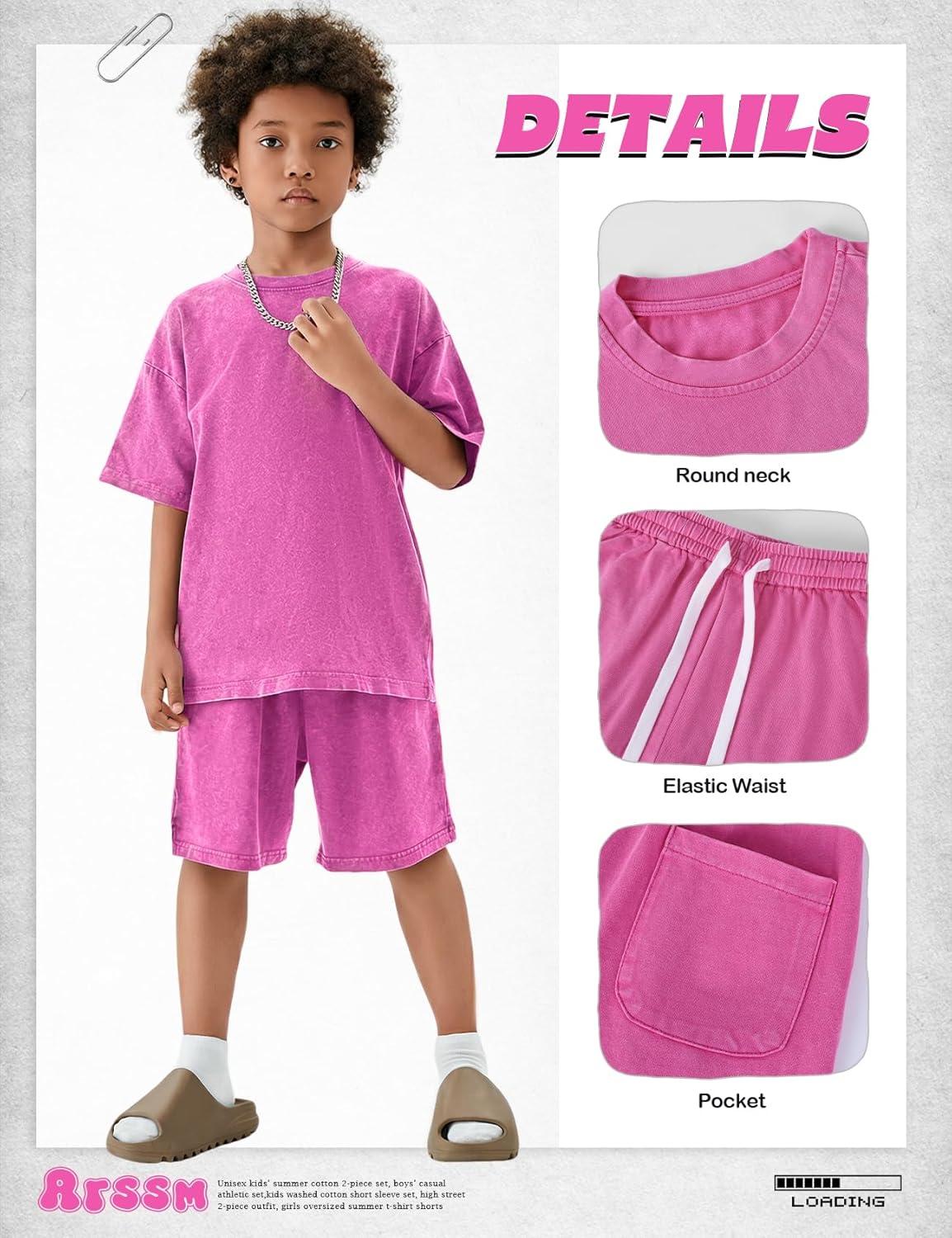Arssm Boys Short Sets 2 Piece Acid Wash Vintage Kids Athletic Set(Pink)