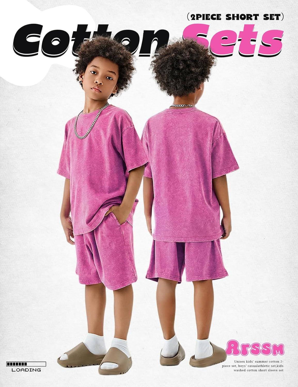 Arssm Boys Short Sets 2 Piece Acid Wash Vintage Kids Athletic Set(Pink)