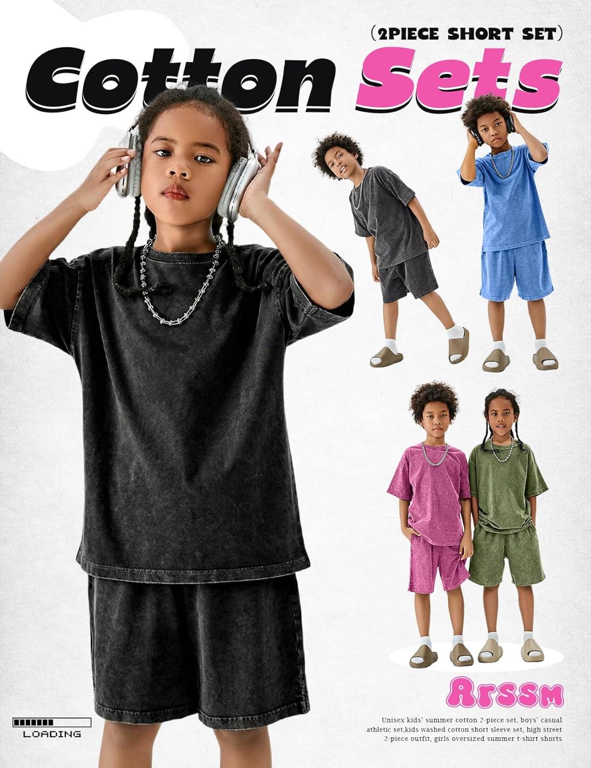 Arssm Boys Short Sets 2 Piece Acid Wash Vintage Kids Athletic Set(Pink)