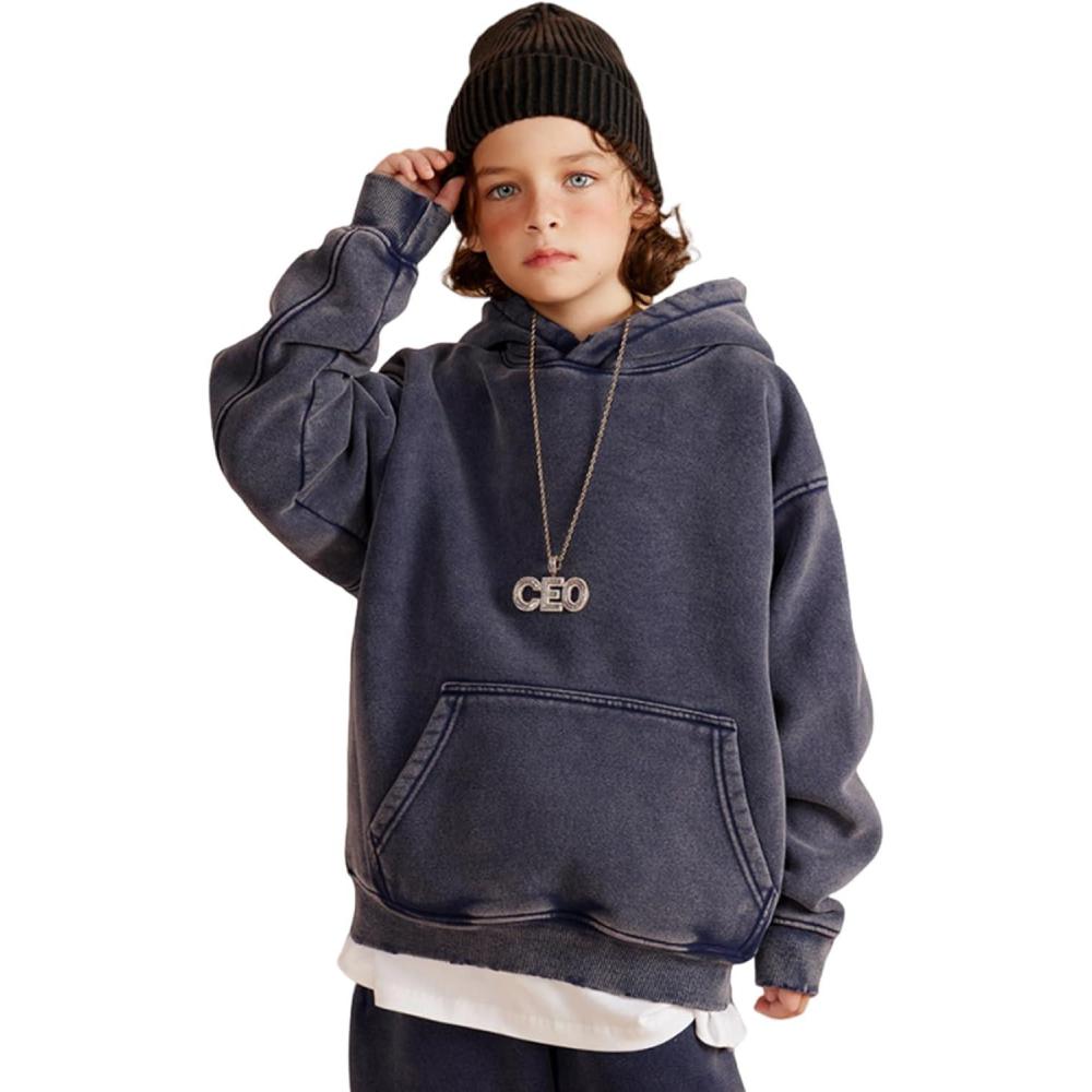 Arssm Boys Girls Fleece Lined Hoodie Kids Warm Winter Cotton Acid Washed Vintage Pullover Hooded Sweatshirt(Navy)